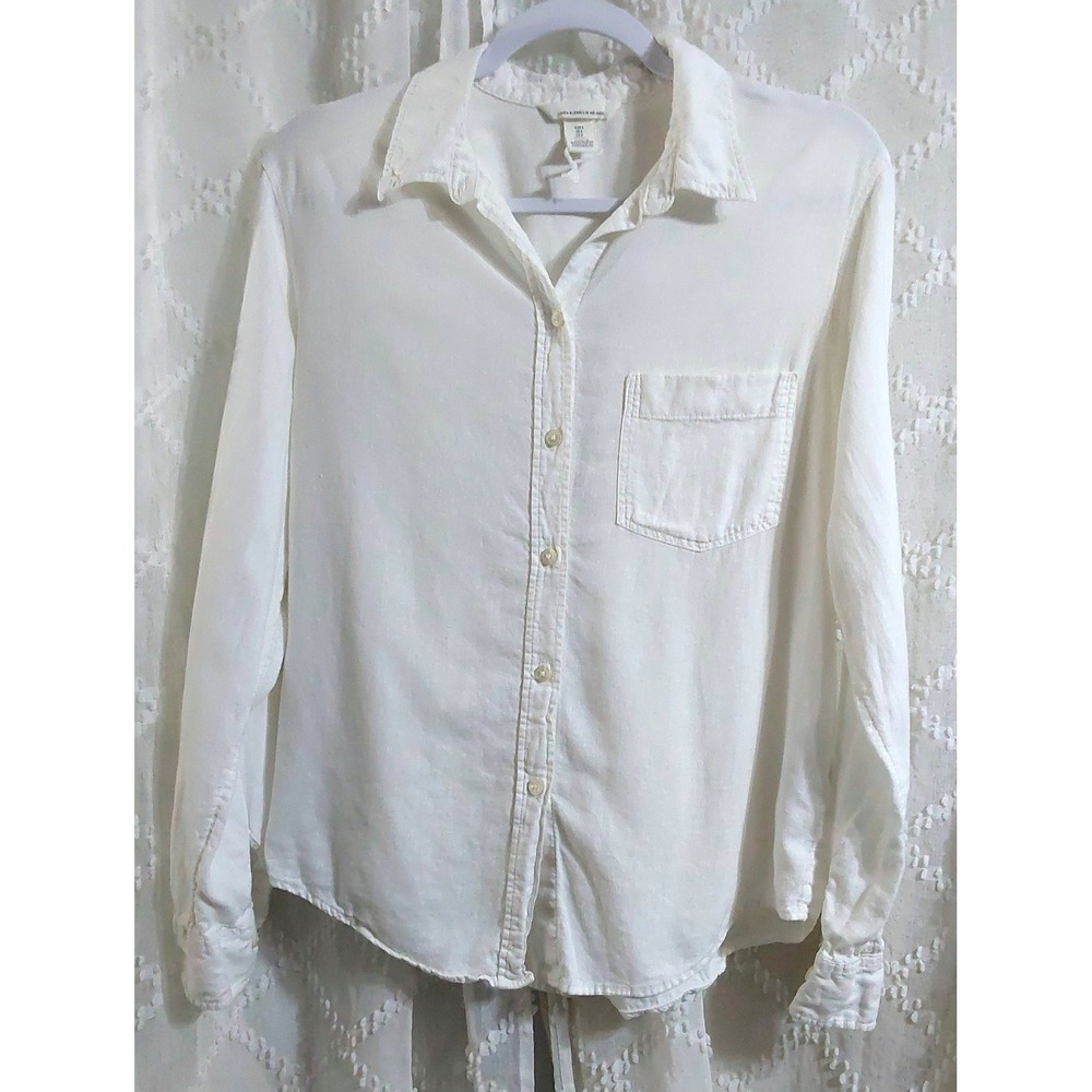 HM Womens White Linen Blend Button Down Long Sleeve Shirt Pocket Size Small